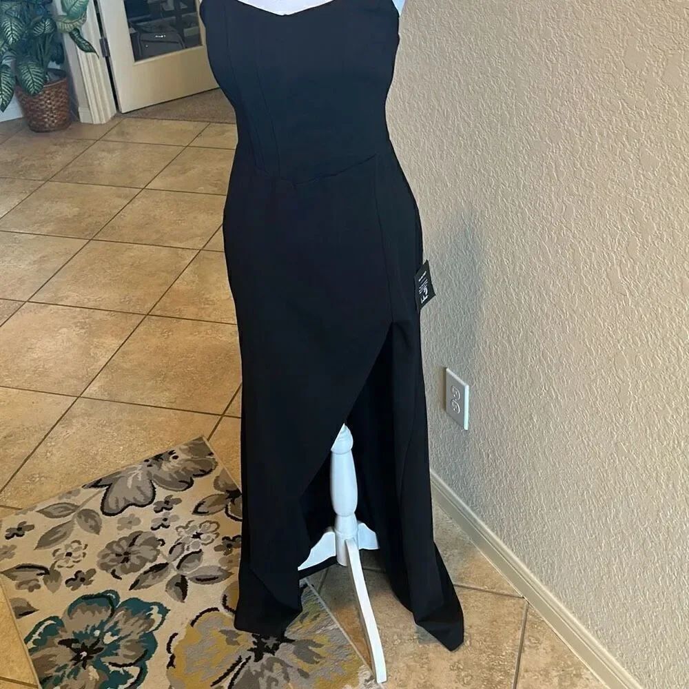 Lulus M Strapless Bustier Corset Maxi Dress Solid Black High Slit Evening Formal
